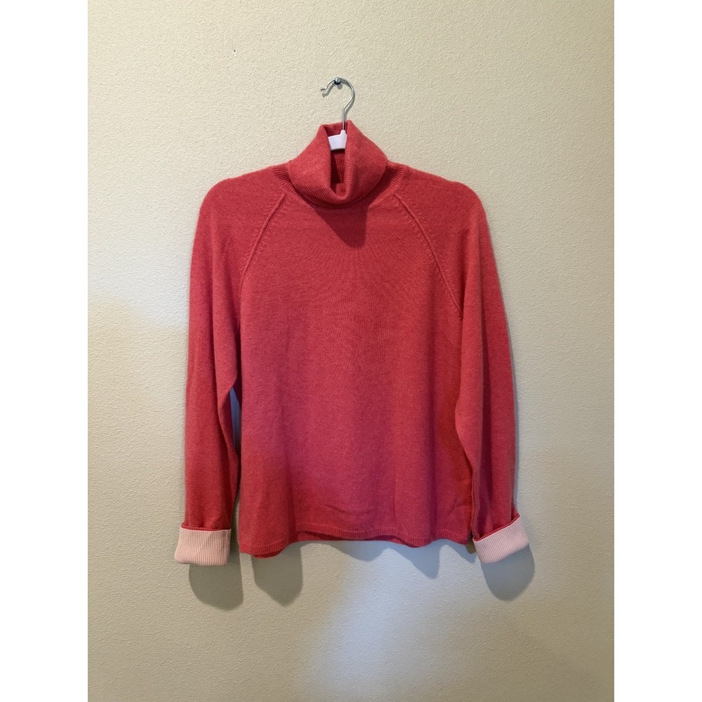Neiman Marcus Womens 100% Cashmere Turtleneck‎ Sweater XL Contrast Cuffs Pink